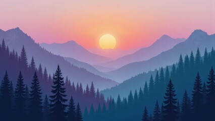 Naklejka na meble Mountain Landscape Sunset: Pine Forest, Silhouette Layers, and Pastel Sky - Vector Illustration for Nature, Travel, and Design