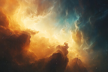 Wall Mural - colorful space scene with a yellow sun in the center. The sky is filled with clouds and stars