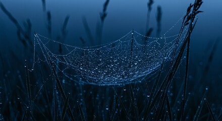 Dew-kissed spiderweb at night