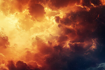 Wall Mural - colorful space background with orange clouds and blue stars. The sky is filled with clouds and stars, creating a vibrant and dynamic scene