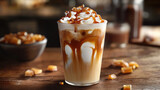A caramel-drizzled iced macchiato sits on a wooden table