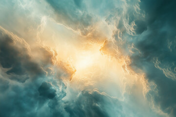 Wall Mural -  sky is filled with clouds and the sun is shining brightly through them. The image has a dreamy, ethereal quality to it, with the sun casting a warm glow over the scene
