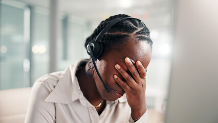 Poster - Frustrated, black woman and consultant with headset or stress for mistake, error or compliance issue. Female person, agent or anxiety with fail for difficult customer or pressure at call center