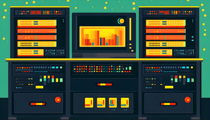 Electronic server room displays various data representations and indicators on panels, with glowing lights and a digital monitor