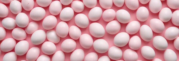 Wall Mural - Pastel pink background with scattered pink & white Easter eggs forming a pleasing pattern , happy, sweet