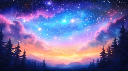 Wall Mural - Beautiful fantasy starry night sky, blue and purple colorful, galaxy and aurora 4k wallpaper. cosmic watercolor illustration. Colorful space background with stars