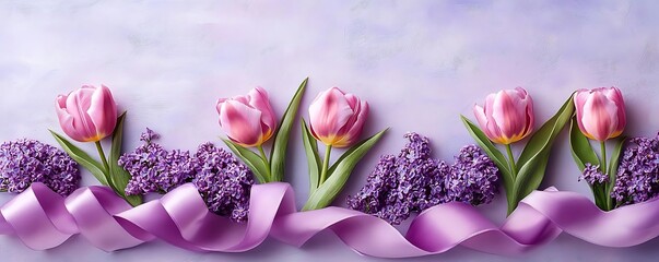 Wall Mural - Spring tulips, lilac, ribbon border