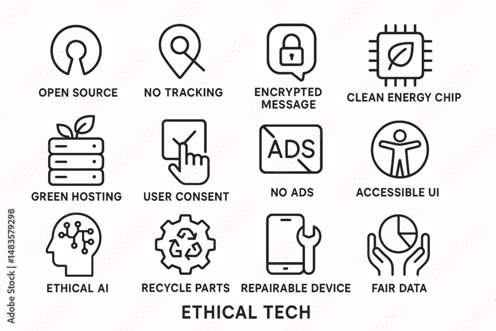 Ethical tech icons: open source, no tracking, encrypted messages, clean ...