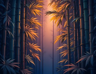 Aufkleber - Vivid Bamboo Canopy, Glowing Leaves And Shadows Create Dramatic Effect. Tranquil Forest Illustration Shimmers. Lush Greenery Provides Peaceful Backdrop. Nature's Beauty.