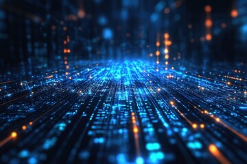 abstract digital network with blue and orange lights creating a futuristic technology background