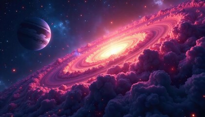 Wall Mural - Stunning panoramic view of a vibrant, swirling nebula surrounding a distant planet Cosmic dust and gas create a breathtaking celestial landscape , asteroid, milky way