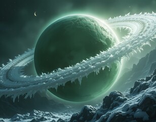 Fototapete - Frozen Moon, Icy Surface Shines Near A Glowing Green Planet, An Astronomical Spectacle. Distant Star Illuminates The Scene, Captivating Cosmic Beauty. Wonderful Space Exploration, Perfect For Science