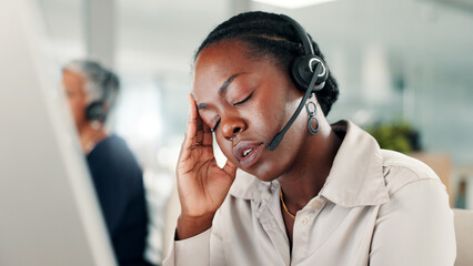 Poster - Frustrated woman, consultant and stress with headset for call center, difficult customer or error. Female person, agent or employee with headache or anxiety for mistake, pressure or fatigue at office