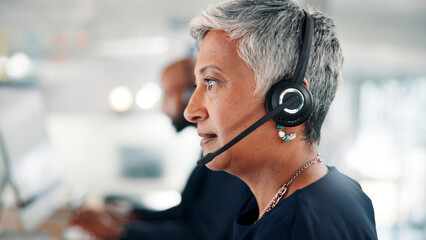 Aufkleber - Office, call center and mature woman with headset for contact us, crm service and customer support. Business, professional consultant and person for communication, advice and online feedback at desk