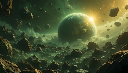 Fototapete - Cosmic Sphere With Luminous Asteroid Belt, Shimmering Greens And Golds. A Celestial Dance Of Light And Rock, A Breathtaking View. Space Exploration, Planetary Wonder. Imagine The Possibilities.