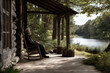 © Rocher Creative - a wooden house in the forest, a river near by, an old man sitting in a rocking chair on the veranda
