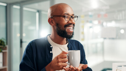 Poster - Black man, coffee and happy with thinking at office with insight, solution and excited for project. African person, mug and smile with perspective, drink and problem solving at creative agency