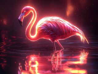 Wall Mural - neon flamingo glowing in reflection