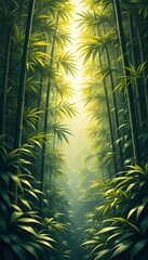Poster - Tranquil Bamboo Forest Illustration, A Peaceful Scene. Sunlight Filters Through The Green Canopy. Lush Nature, Providing A Sense Of Calm. Serene Tropical Environment.