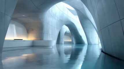 Aufkleber - 湾曲した白いアーチ型の壁とターコイズブルーの床を持つ現代的な建築のインテリア リフレクションとミニマルなデザイン