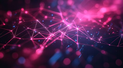 Wall Mural - a network of interconnected pink and blue glowing nodes and lines against a dark blurred background