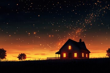 Wall Mural - Isolated Abandoned Pub Under a Stunning Orange Sunset with Bright Stars in the Sky