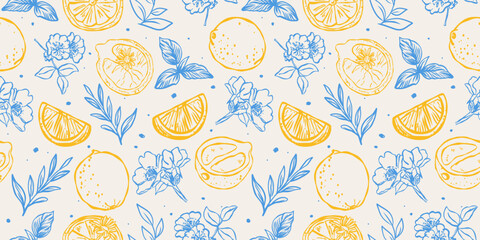 Seamless vector pattern with hand-drawn lemons, slices, blossoms, and leaves in blue and yellow ink. Fresh Mediterranean feel, perfect for textiles, packaging, and summer-themed projects.