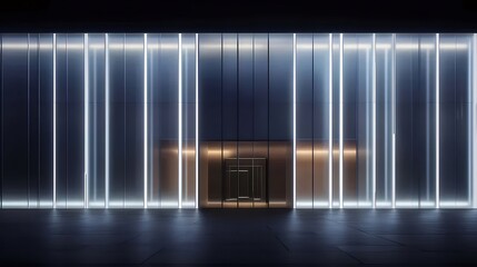 Fototapete - 夜の都会的な建築物の正面玄関、青と白の垂直照明ストライプ、ミニマリストデザインと反射する表面を持つ建物の詳細な外観