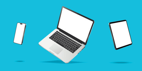 Canvas Print - flying laptop, cellphone and tablet pc white screen mockup