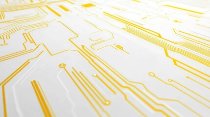 Innovative tech design showcase digital space visual art sleek white background dynamic viewpoint yellow circuit lines for modern aesthetics