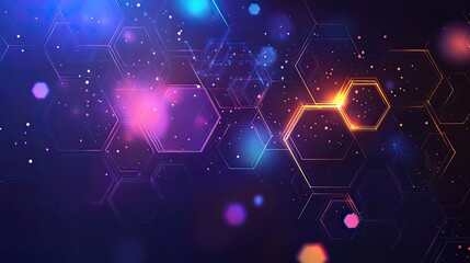 Wall Mural - abstract background with glowing hexagons and bokeh lights in shades of purple and blue colors