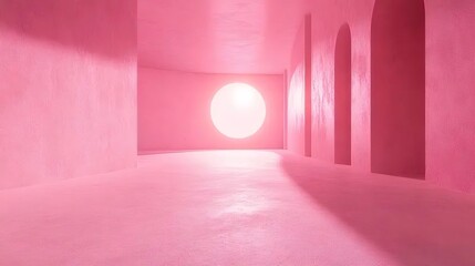 Fototapete - ピンク色に染まる抽象的な建築内部 幾何学的なアーチと柔らかな光が差し込む静かなミニマリスト空間 未来的なデザインが特徴