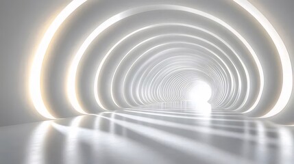 Fototapete - 未来的な白いトンネルのインテリアデザインと抽象的な建築空間 光の効果のあるアーチ状の廊下と幾何学的な構造