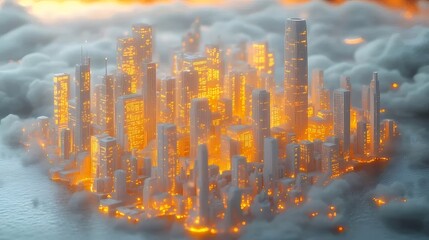 Aufkleber - 霧の多い背景に輝く光の未来的な抽象都市景観パノラマ デザイン