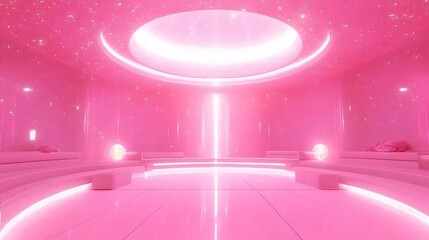 Fototapete - 未来的なピンクの部屋のインテリアデザイン ミニマルなスタイルで 現代建築の光と空間の抽象的な背景