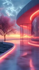 Fototapete - ピンクのネオンライトが輝く現代建築と満開の桜の木 夕暮れの空を背景に未来的な雰囲気