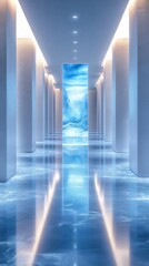 Fototapete - 水色の空と抽象的なライトが付いた白い柱が並ぶ未来的な廊下の内部 建築とデザイン要素を強調したミニマリストの空間