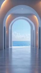Aufkleber - 白いアーチ型通路からの海の眺め 空と海の青が明るい建築デザインの屋内空間を照らす 光の反射が床にテクスチャと奥行きを与える