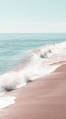 Wall Mural - Serene Beach Landscape with Gentle Waves and Calm Waters Under Clear Blue Sky in Soft Pastel Tones for Relaxation and Nature Photography