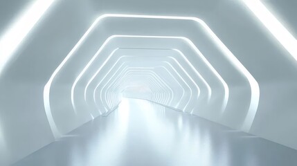 Fototapete - 明るい白い未来的なトンネル 明るい照明と幾何学的なデザインが特徴です