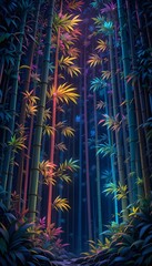 Poster - Enchanting Bamboo Forest Scene. A Luminous, Vibrant Illustration Showcases Nature's Beauty. The Bioluminescent Leaves Glow Warmly Against A Deep, Dark Background. Serene Peaceful, Calming.