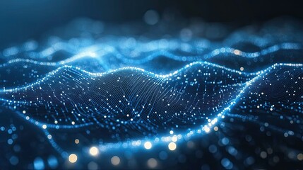 Wall Mural - abstract blue network with glowing dots and lines forming a wavy pattern on a dark background