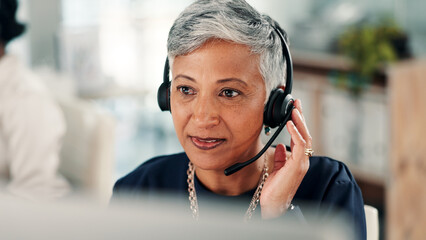 Aufkleber - Mature woman, consultant and listening with headset on computer for online advice or customer service. Female person, agent or employee with mic or technology for virtual assistance at call center