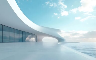 Fototapete - 白の現代建築が空と海に溶け込む曲線的なデザイン 抽象的な背景にミニマルな構造と透明感のある外観が特徴的な風景