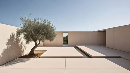 Fototapete - ミニマリストの中庭の眺め ベージュの壁に幾何学的なデザイン 庭に木がある モダンな建築様式 日光が差し込む屋外空間
