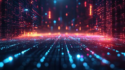 Wall Mural - abstract perspective view of glowing red and blue lights in a digital environment scene