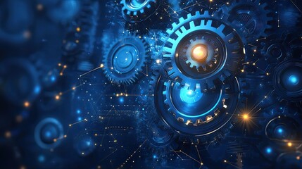 Wall Mural - a detailed close up of interconnected gears with glowing lights in a dark blue environment
