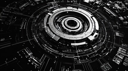 Wall Mural - abstract monochrome rendering of concentric circles and geometric shapes in a futuristic design