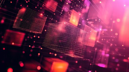 Wall Mural - abstract pink and red cubes floating in a digital space with connecting lines and glowing particles