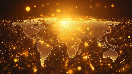 Wall Mural - illuminated world map with glowing connections and bokeh effects in a golden color palette